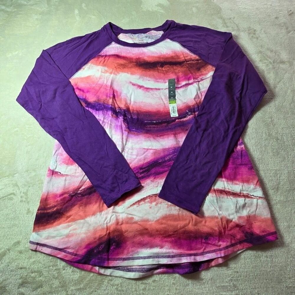 Tek Gear Dry Tek Long Raglan Sleeve Tee Shirt Women's Size M Purple Pink White